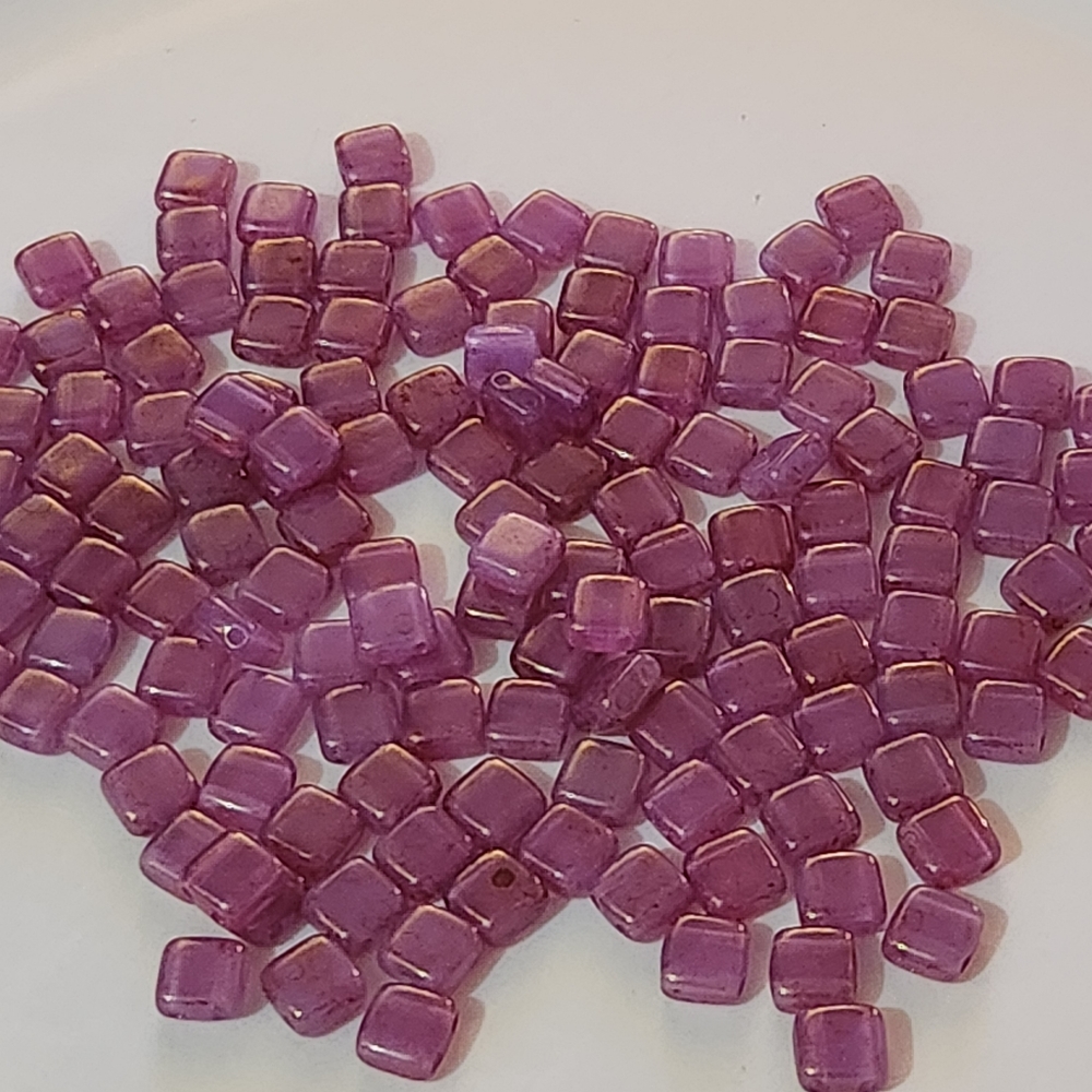 Czech glass square Tile beads 6mm pink topaz milky alexandrite 150 beads - Picture 2 of 6